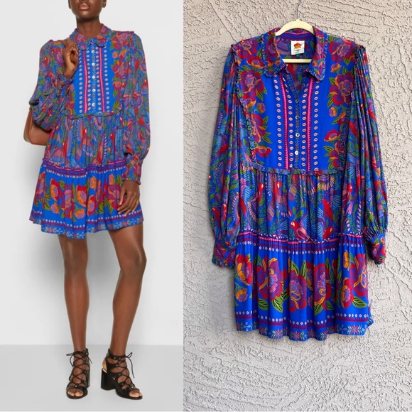 FARM RIO Blue & Red Tropical Floral Macaw Flight Ruffle Long Sleeve Shirtdress L - Picture 13 of 13